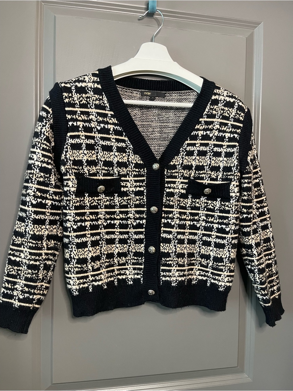 Maje Black and Cream Patterned Knit monogram Cardigan size 1 Eu